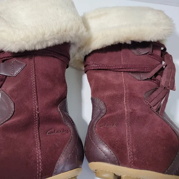 Clark Brown Leather With Faux Fur Trim Side Zip Lace Up Tassel Boots Girl 10.5 - Picture 7 of 12